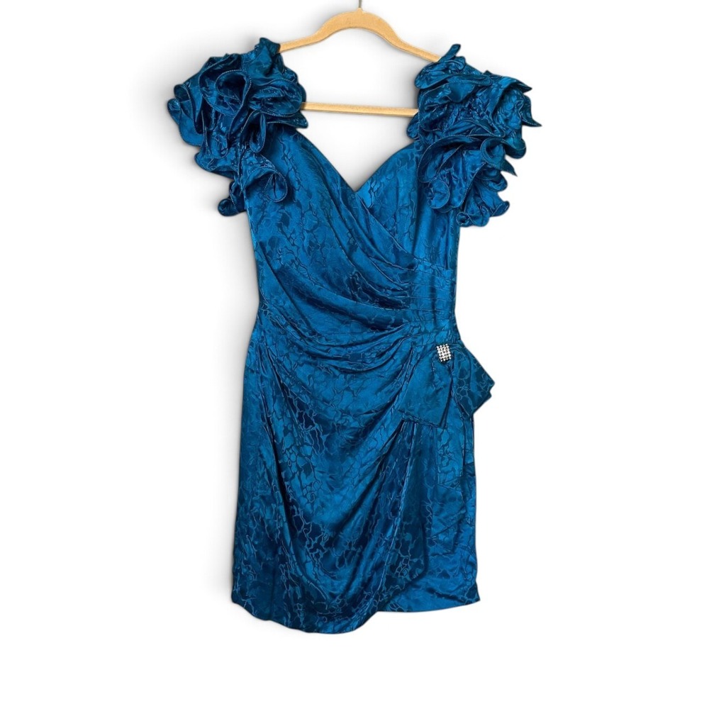 Vintage AJ Bari 100% Silk Teal Floral Ruched Ruffle Sleeve Cocktail Dress Size 8 - Picture 3 of 13